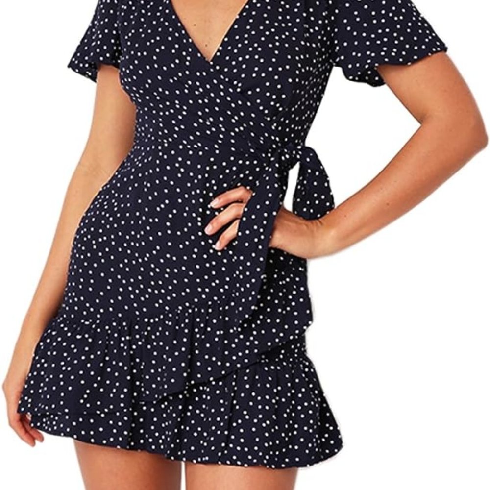 Relipop Summer Women Short Sleeve Dress V Neck Casual Short Navy Blue